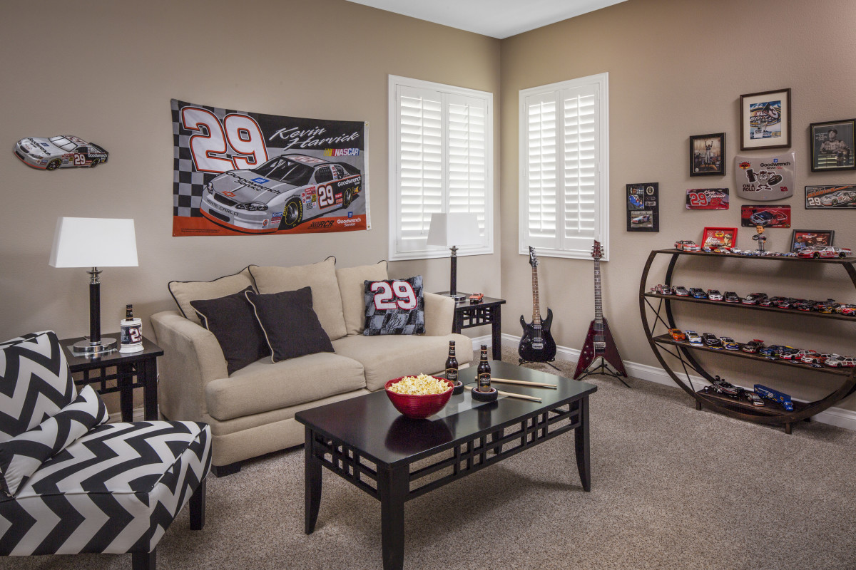 Boston man cave with shutters